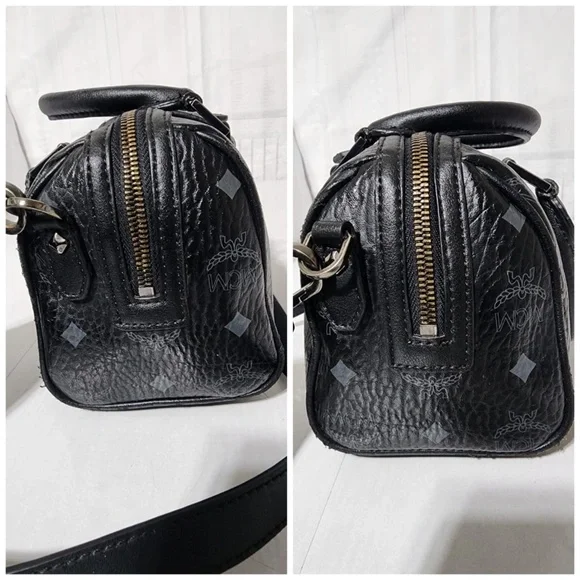 Authentic MCM Visestos Rabbit Small Boston Satchel Bag Black